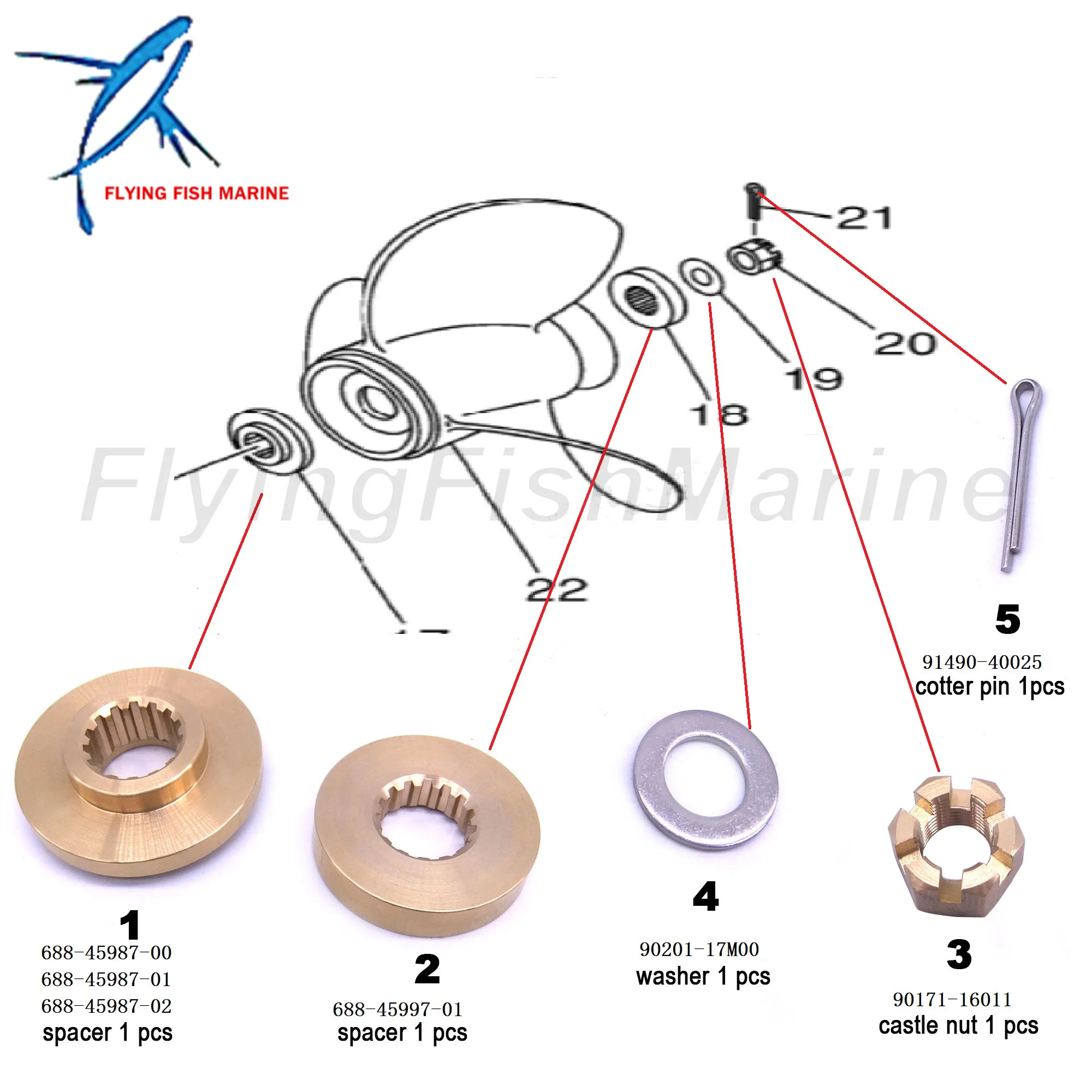 Outboard Engine 688-45987-00/-01/02 688-45997-01 90171-16011 Propeller Spacer kits Thrust Washer Nut for Yamaha 60HP 70HP 80HP