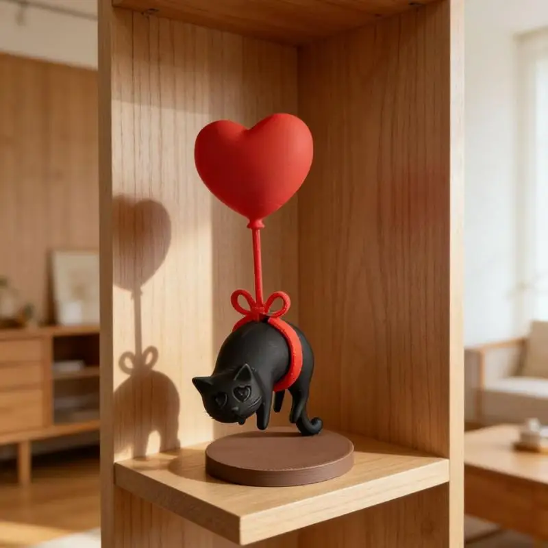 .Hot Sale-3D Printed Suspended Cat Heart-shaped Balloon Decoration Romantic Home Decor For Desk Bookshelf Bedside Table Ornament