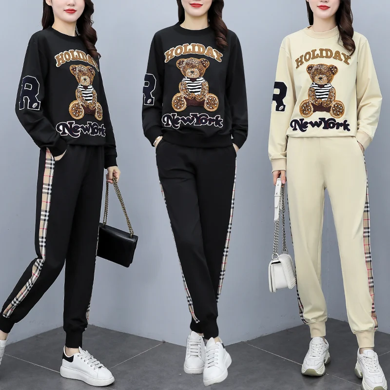 Spring Tracksuit For Women Casual Two Piece Set Plaid Sweatshirt Top And Pants Plus Size Splicing Sport Outwear Matching Outfits