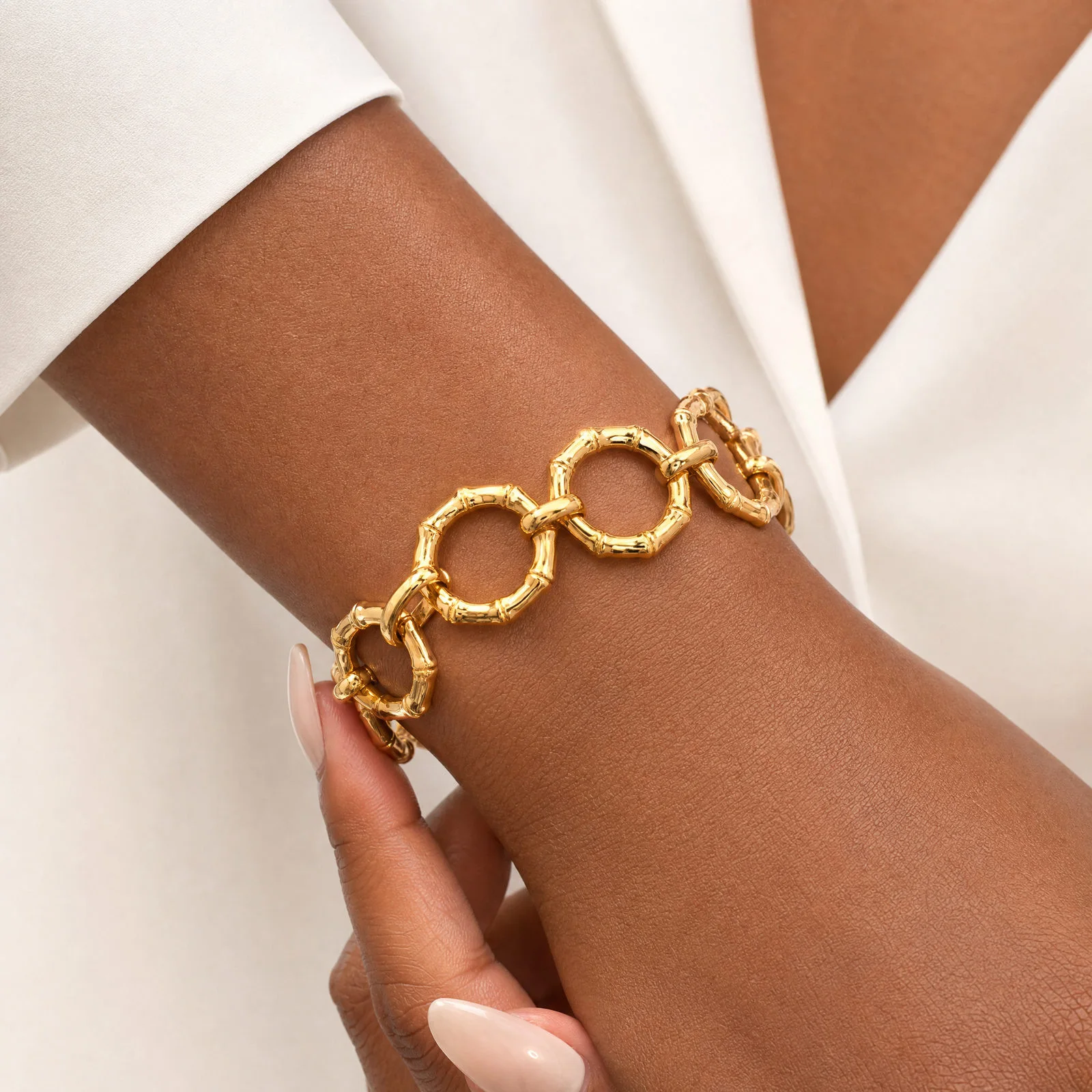Toggle Bamboo Bracelet, Chunky Round Link Chain 18K Gold Plated Stainless Steel, Bold Fashion Jewelry