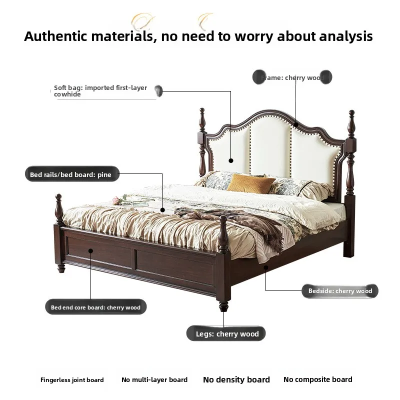 American bed all solid wood leather soft cherry wood retro style master bedroom high-end atmosphere 1.8m double bed