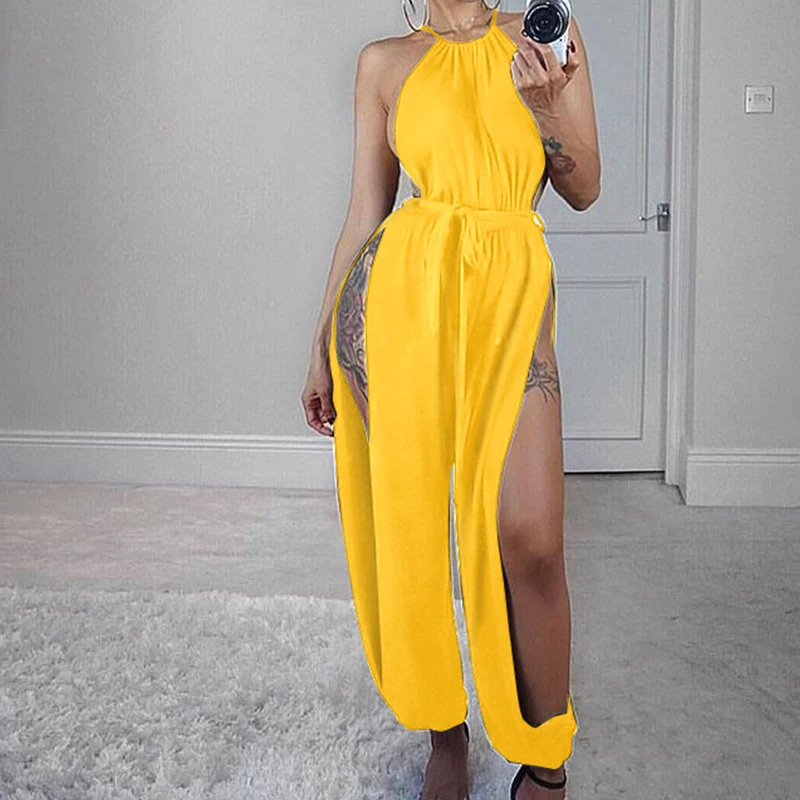 Sexy Sleeveless Side Slit Halter Rompers Women Jumpsuits Solid Slim Party One Piece Overalls Clubwear