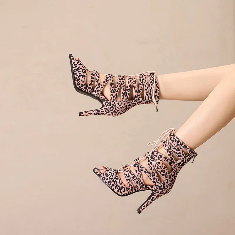 

Обувь для латинских танцев для женщин, короткие сапоги на высоком каблуке с открытой сеткой и рыбьим ртом для джазовых танцев, леопардовая пикантная обувь для горячих танцев для девочек