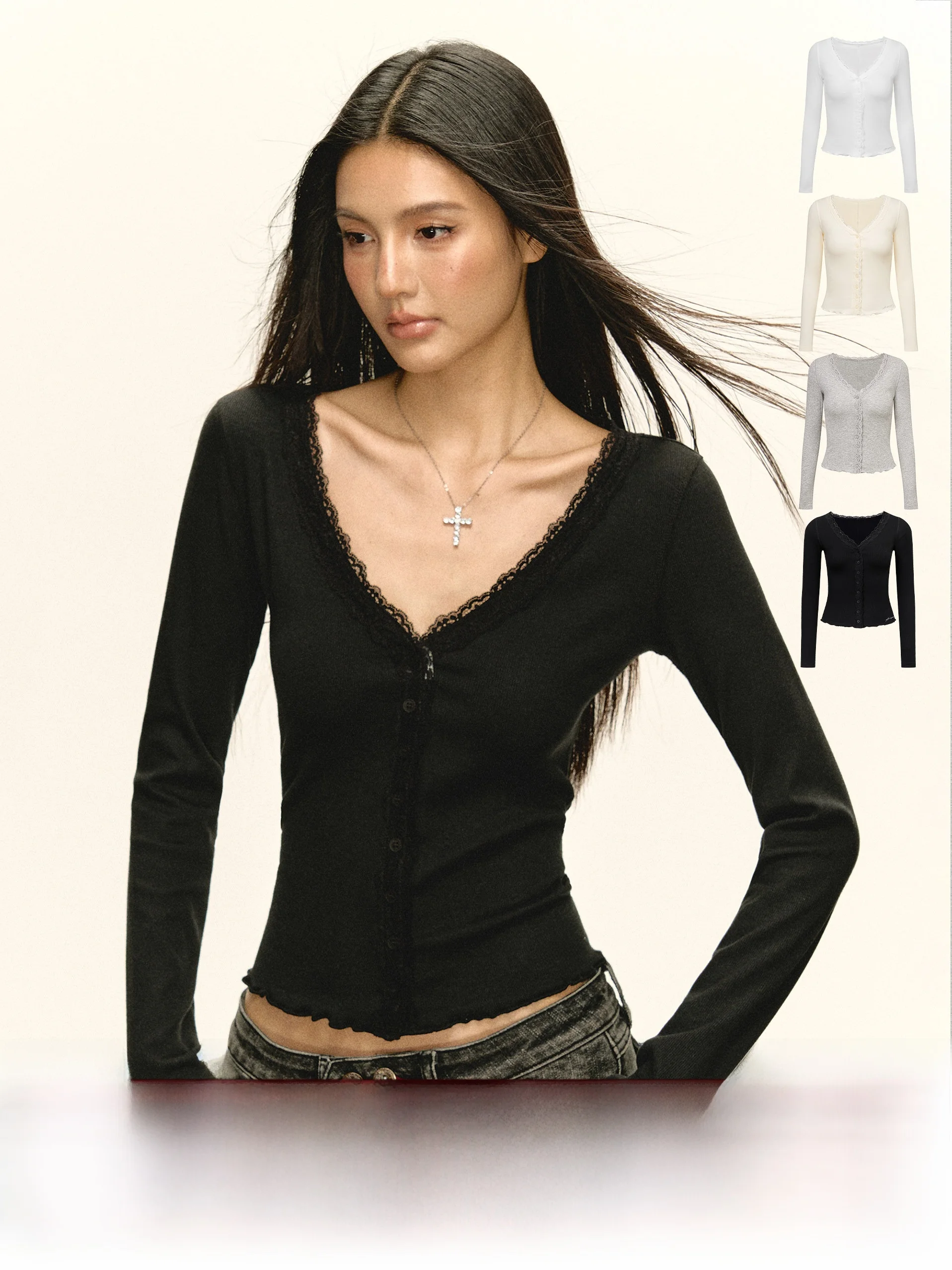 

Ariseism American Retro Long Sve Lace T-irt Women's Slim Fit V-Ne Top Street Sle Pure Color Autumn New Arrival