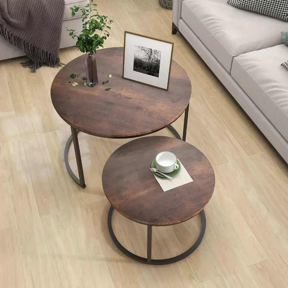 Industrial Round Coffee Table Set of 2 End Table for Living Room,Stacking Side Tables, Sturdy and Easy Assembly,Wood Look Accent