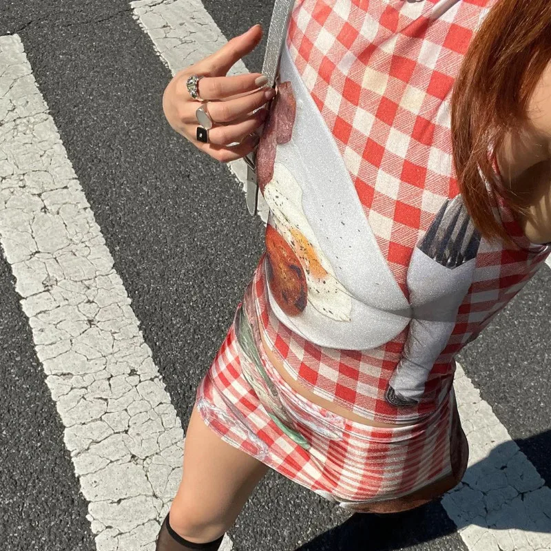 Y2k women's tank top short skirt two-piece set with cute plaid pattern printed clothes, sexy and spicy girl vintage 90s style