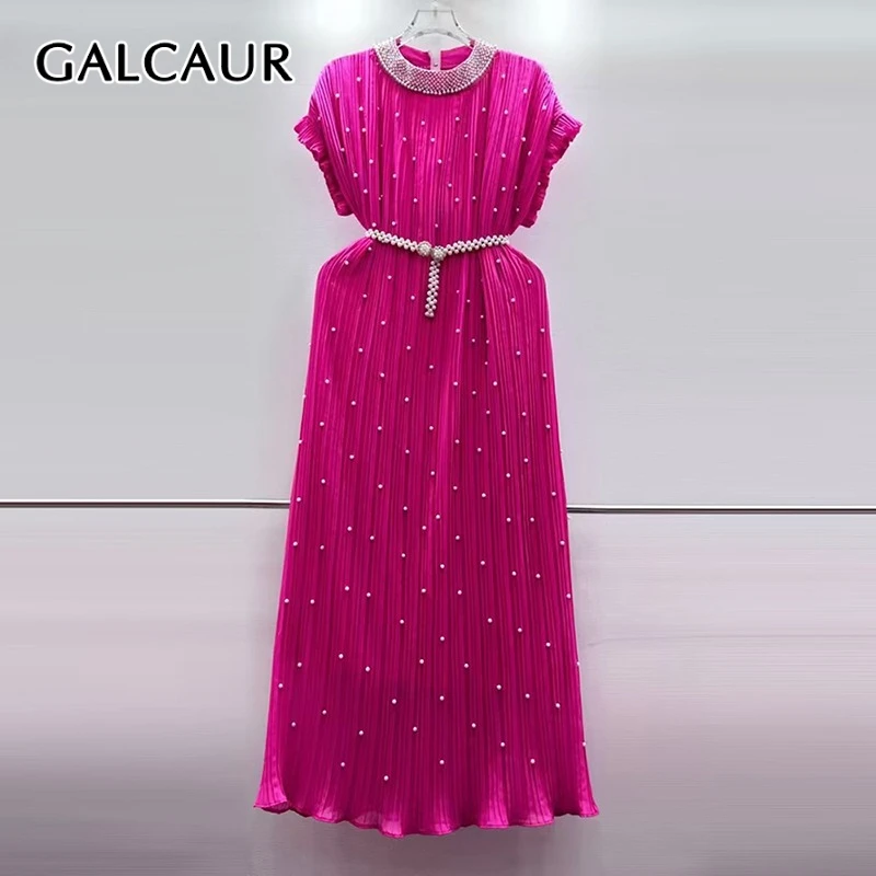 

GALCAUR Solid Spliced Bead Fashion Dresses for Women Round Neck Sleeveless Patchwork Belt Elegant Dress Female Clothing Style
