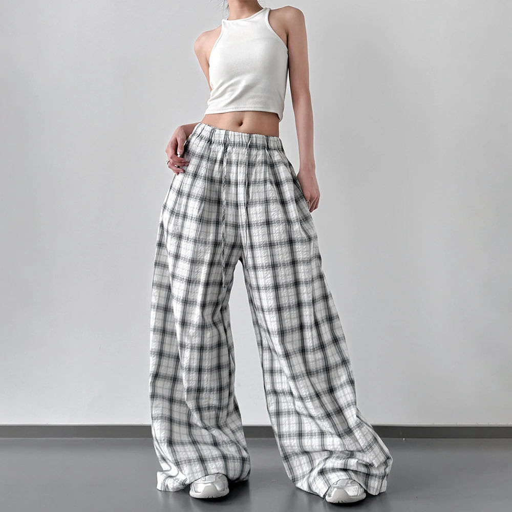 Allingentle Women Pants Plaid Women's Loose Fit Pants for Daily Casual Wear Wide Leg Comfortable Trousers Customize