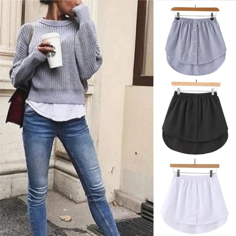 Mulheres meninas camisa blusa extensor ajustável camadas falso superior inferior varredura mini saia bainha falsa divisão underskirt