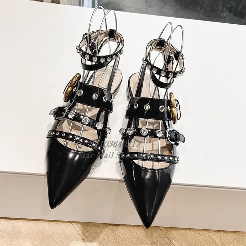 Rhinestone Embellished Pointed Toe Flats Metal Buckle Decoration Flat Sling-Back Shoes Punk Style Street Catwalk Fashion Sandals