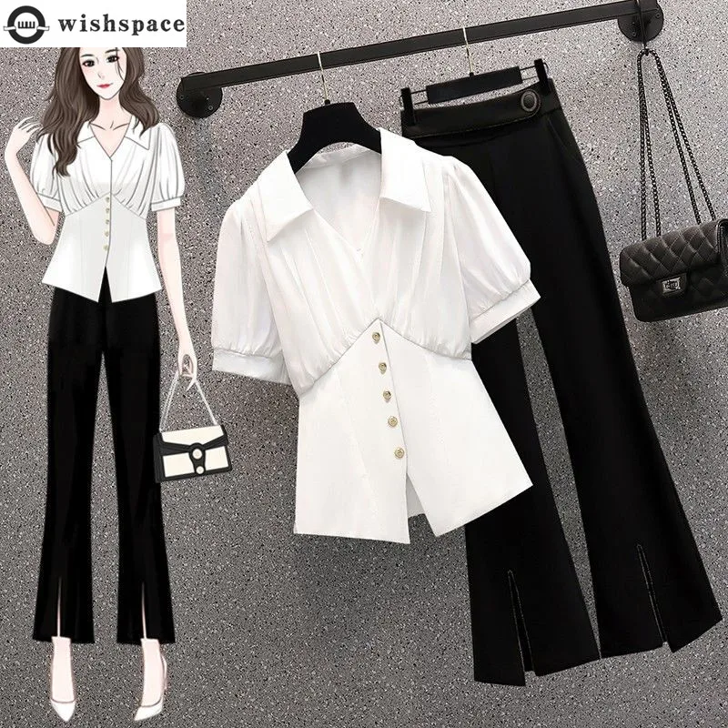 Large Women's Suit 2022 Summer New Fashion Design Sense of Temperament Thin Chiffon Shirt Micro Flare Pants Two Piece Set