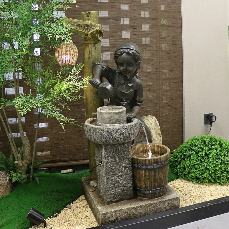 European-style garden rockery, flowing water generates wealth, circulating water feng shui wheel ornament, balcony courtyard lan