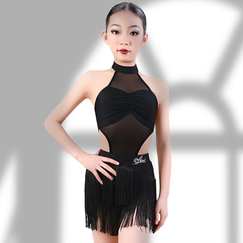 

Kids Latin Dance Dress For Girls Halter Tops Leotard Black Fringe Skirt Practice Clothing Cha Cha Dance Performance Wear BL12506