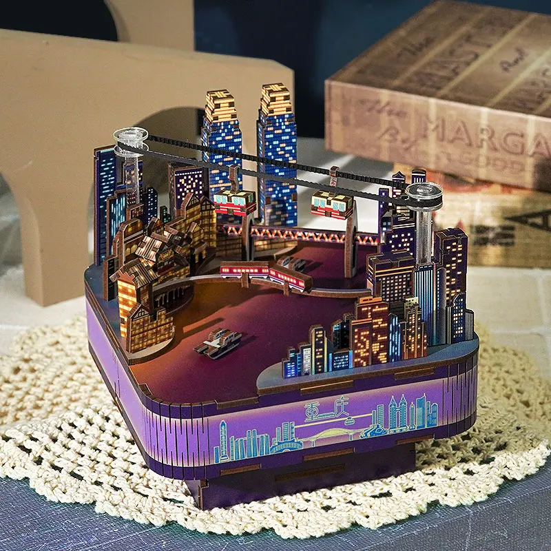 City Street View DIY Wooden Model Building Kits Magic Castle Music Box 3D Puzzles Toys for Children Birthday Gifts Home Decor