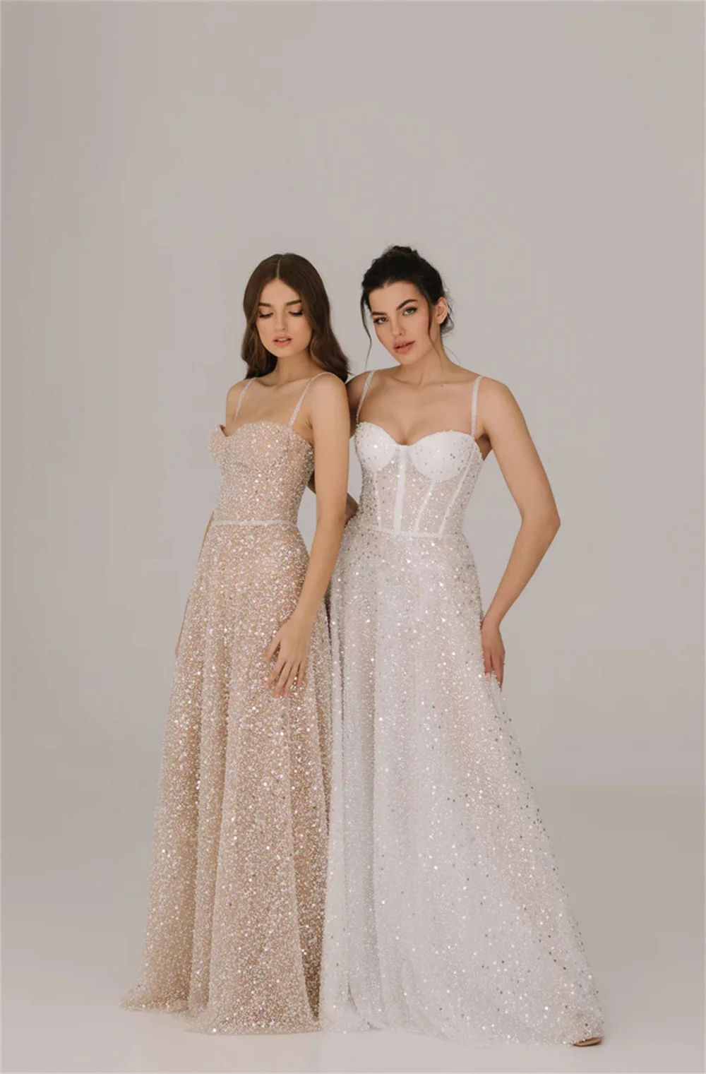 Sansa Champagne Beading A-line Prom Dress Shiny Spaghetti Strap Evening Dresses Sleeveless Vestidos De Fiesta فساتين سهرة