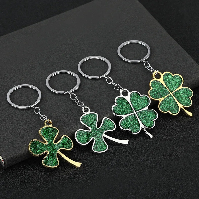 Factory Direct Sales Lucky Glitter Four-leaf Clover Keychain Big Green Leaf Creative Gift Pendant Key Ring Car Key