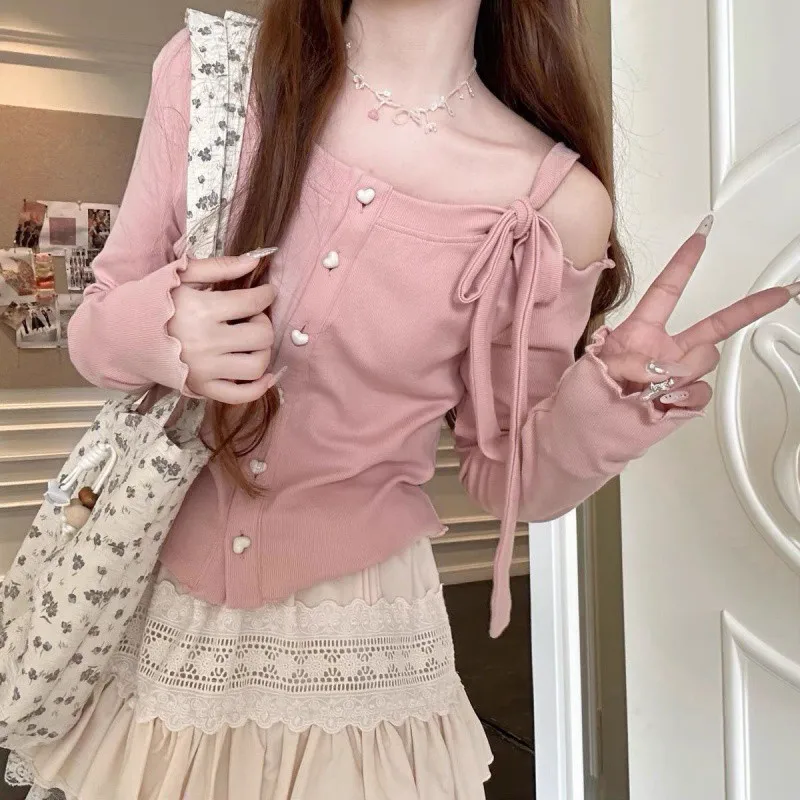 Fashion Sweet Off Shoulder Bow Lace Up Sweaters 2024 New Slim Fit Pink Tops Women Y2k Grunge Long Sleeve Cardigan Mujer