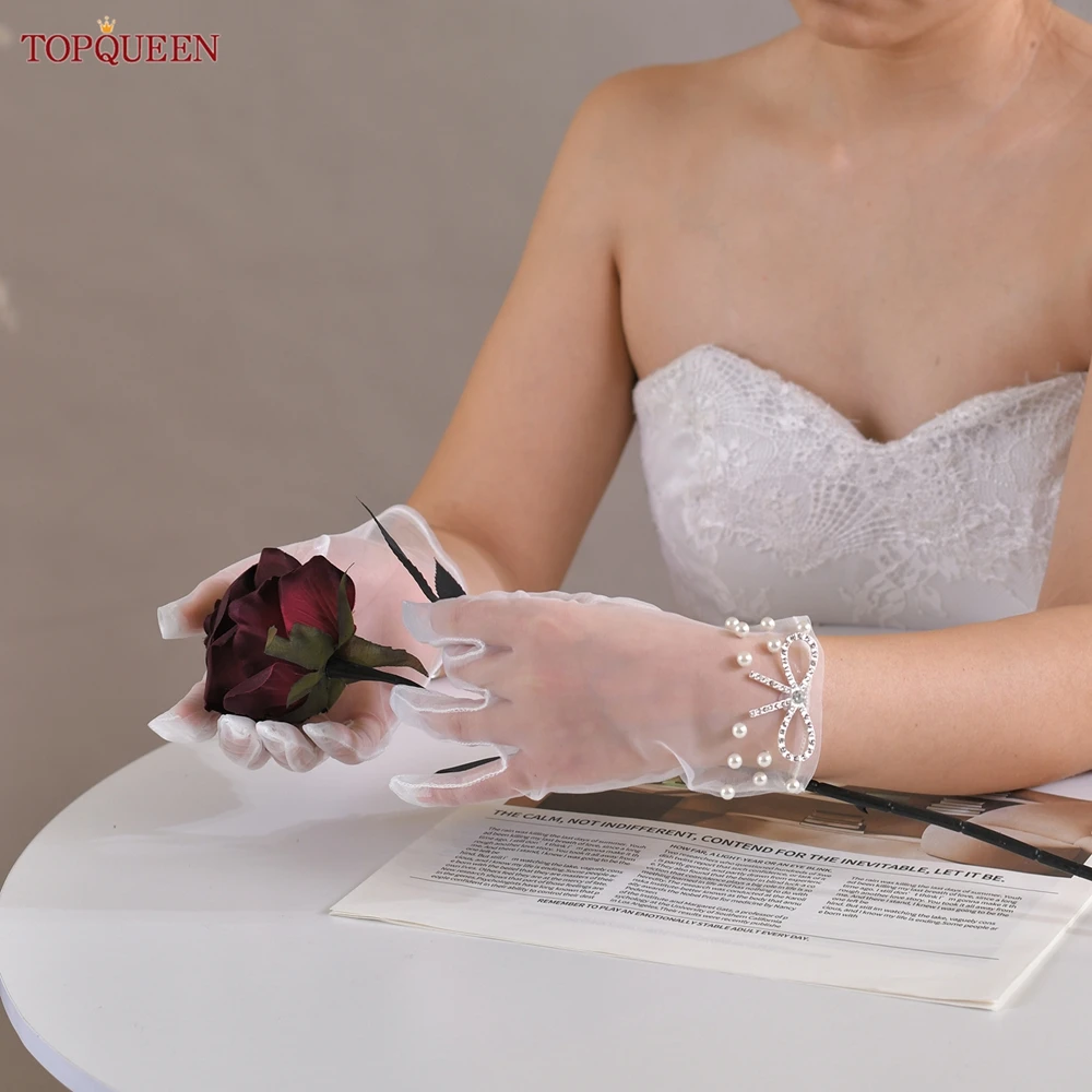 

TOPQUEEN свадебные перчатки с бантом и аппликацией из жемчуга, перчатки высокого качества длиной до запястья, аксессуары для вечеринок T41