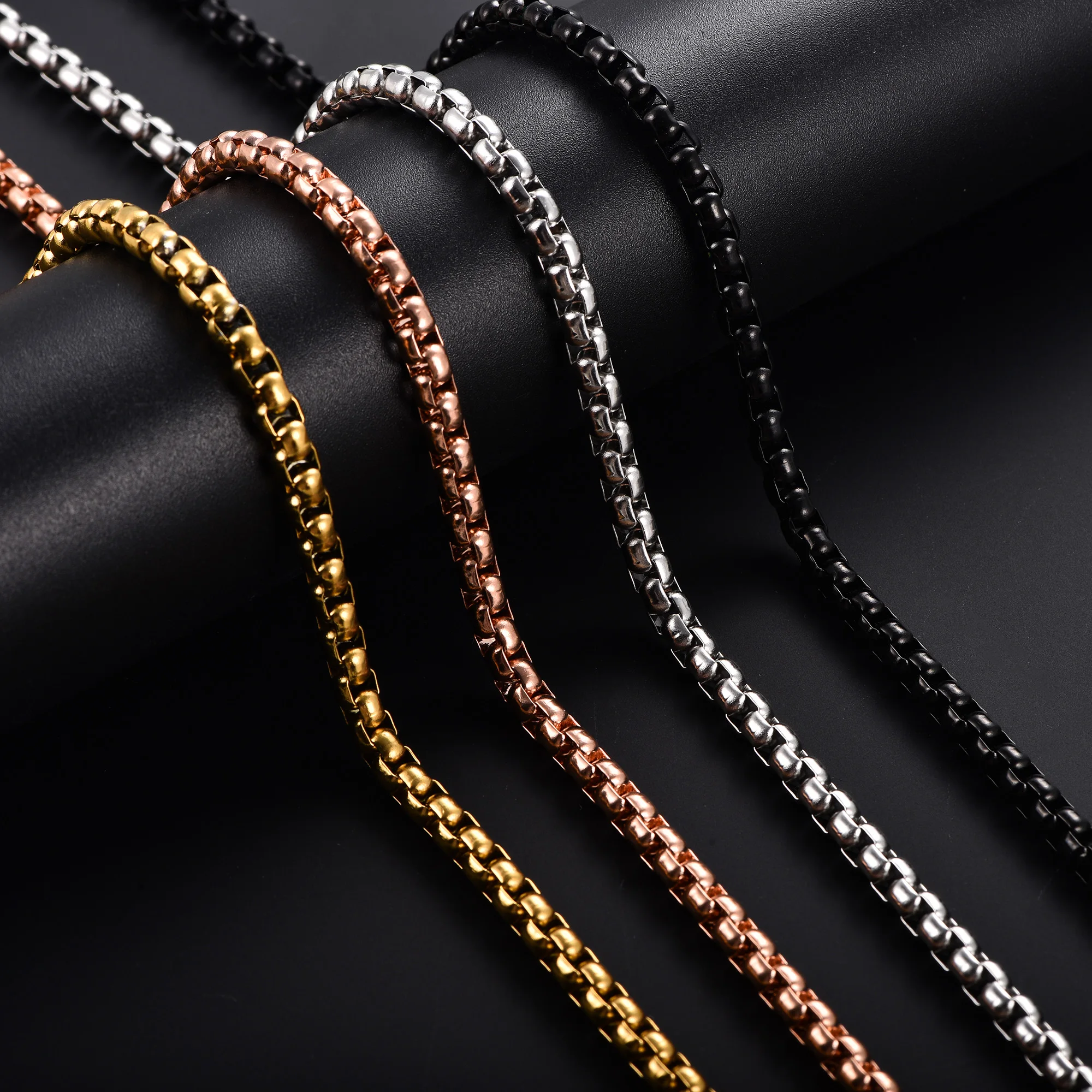 2/3/4/5 mm Herren-Box-Kette, Edelstahl-Halskette, Halsband für Damen, Silber/Gold/Schwarz/Roségold, Farbe 14–40 Zoll, Metallschmuck