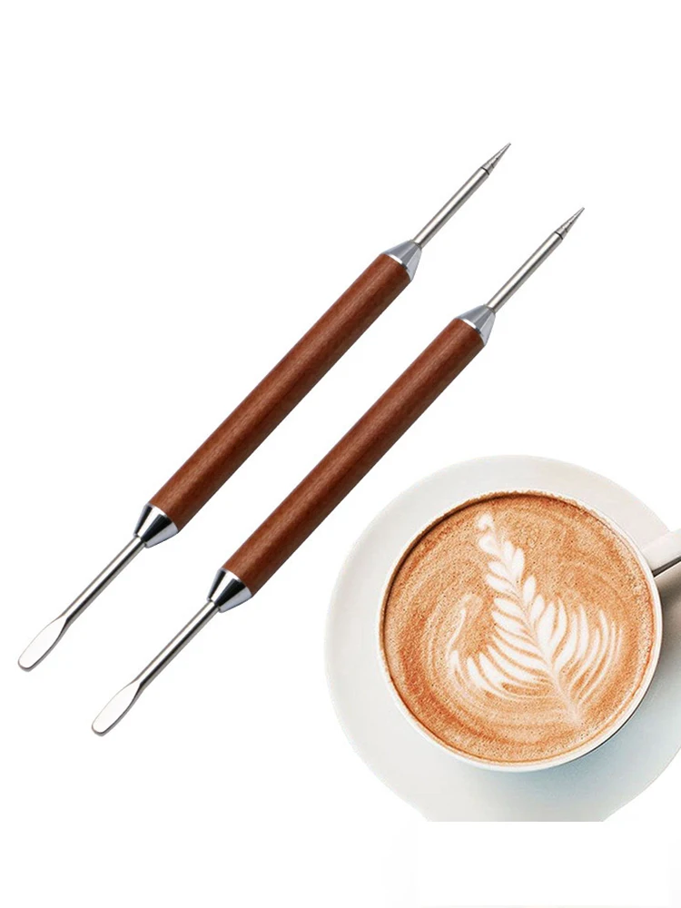 Koffie Latte Art Rvs Carving Naald Massief Hout Latte Koffie Gehaakte Naald Fancy Koffie Latte Art Pen Barista Tool - afbeelding 2