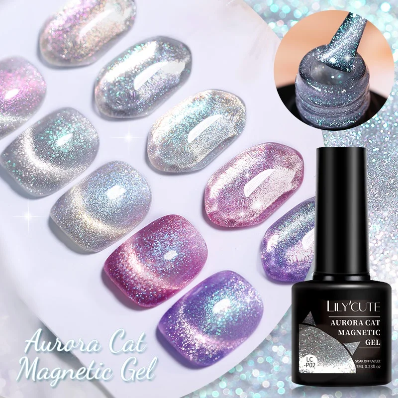 LILYCUTE 7ML Aurora Cat Magnetic Top Coat Soak Off Pink Jelly Gel Nail Polish Semi Permanent UV Gel Water Light Nail Gel Varnish