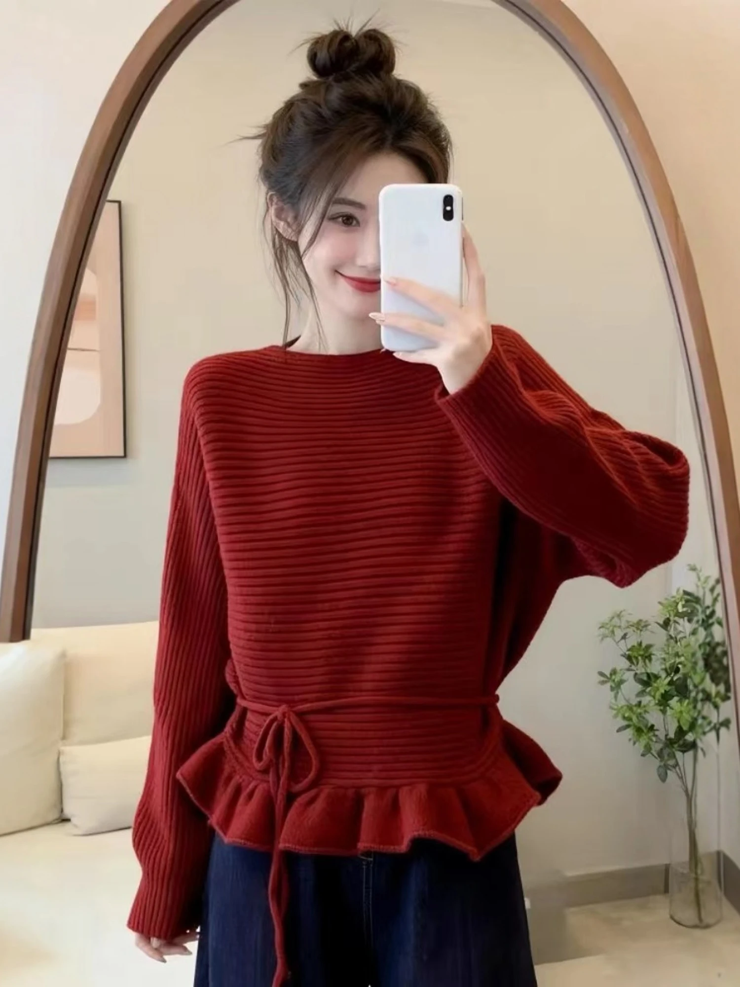 Korean Style Soft Knitted Top Women's Belted Waistline Floral  Fashionable Autumn Winter New Style Versatile Quality Swea...