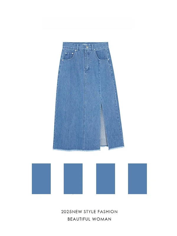 

Fall Winter Loose Fit Denim Skirt Women's Midi A-Line Skirt Elegant Slimming High Waist Straight Leg Casual Long Sleeve