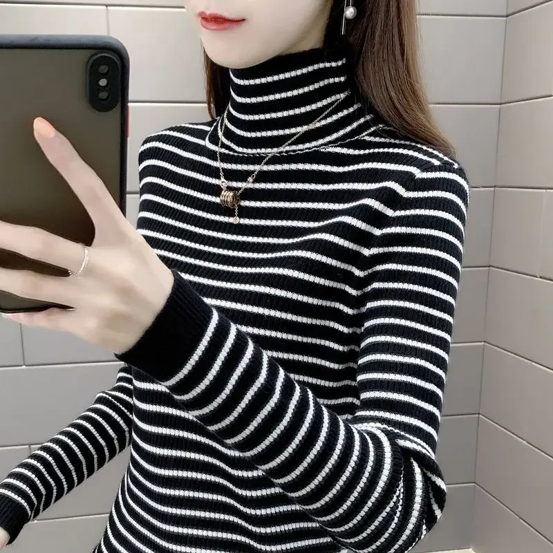 Women Autumn and Winter Korean Style New Half-turtleneck Striped Contrast Sweater Warm Slim and Thin Long Sleeves Bottom Shirt