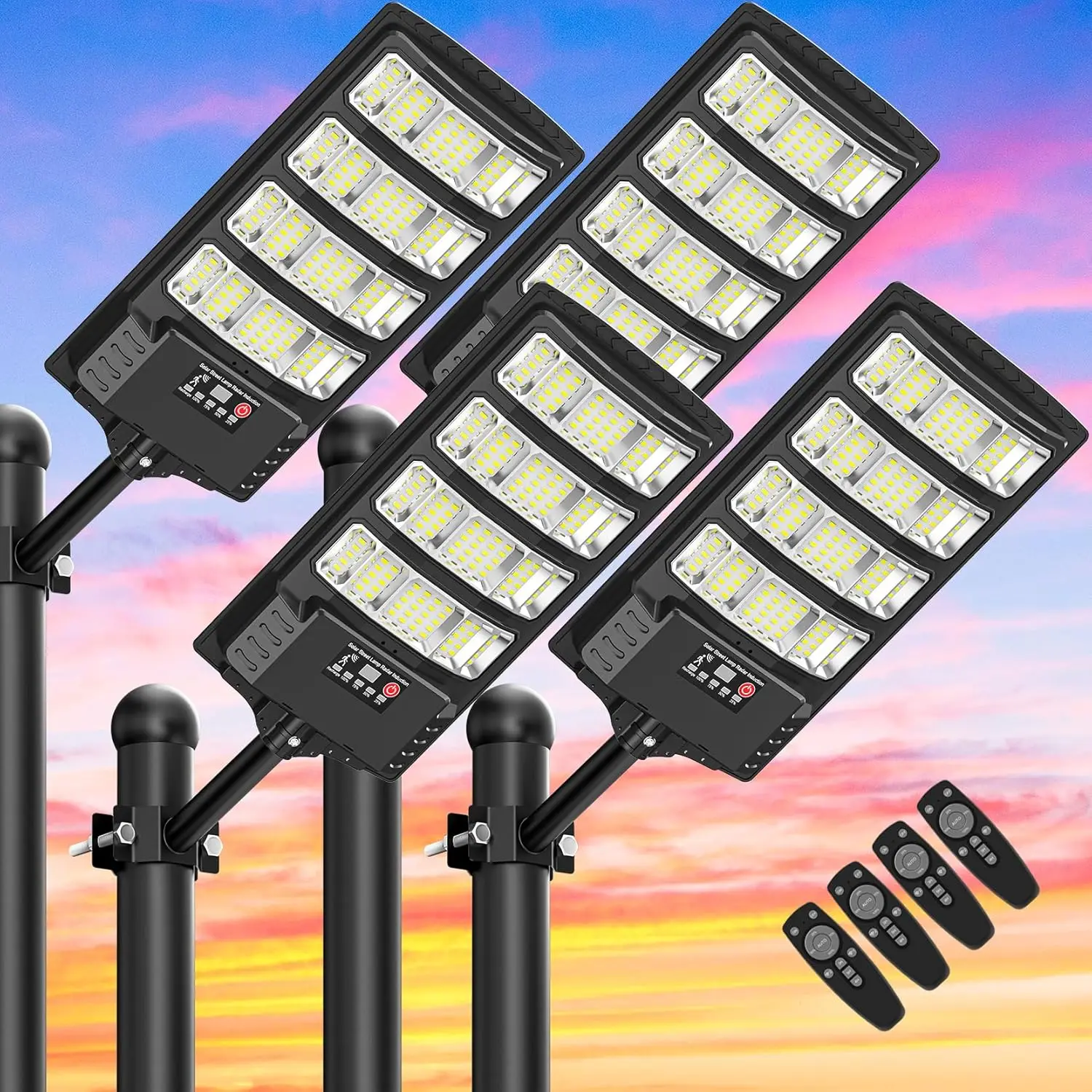 

Солнечные уличные фонари для улицы водонепроницаемые, 48000LM 320 ° Широкоугольный светодиодный прожектор с датчиком движения и дистанционным управлением — 4 шт.