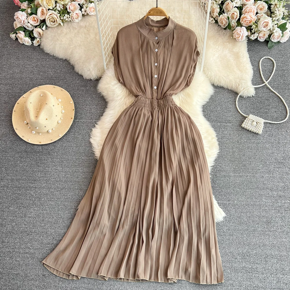 

2023 Summer Light Mature Style Retro Elegant Short Sleeve Standing Neck Slim Mid Length A-line Pleated Dress for Women