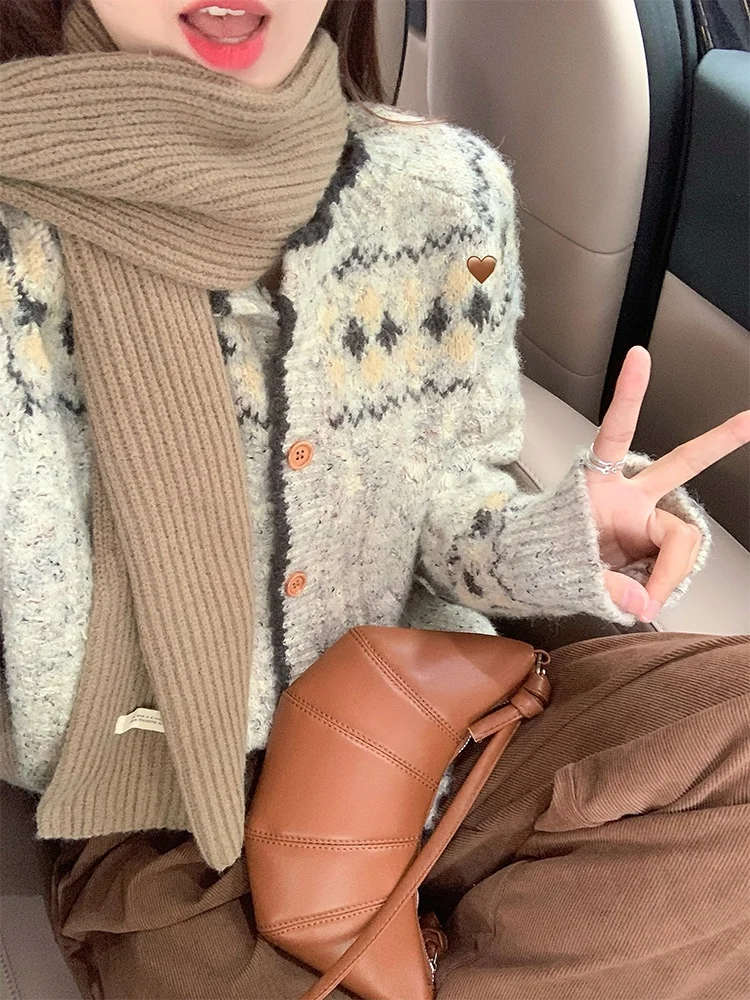 

Свободный женский вязаный свитер Fair Isle, пальто в Корейском стиле, осень-зима, повседневная длинная теплая верхняя одежда с круглым вырезом