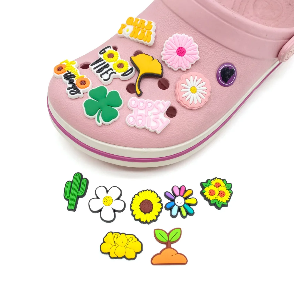 1/15Pcs Set Sunflower Daisy Cactus Floral Rubber Shoe Charms For Slides Sandals DIY Custom Accessories PVC Clog Boho Daily Decor