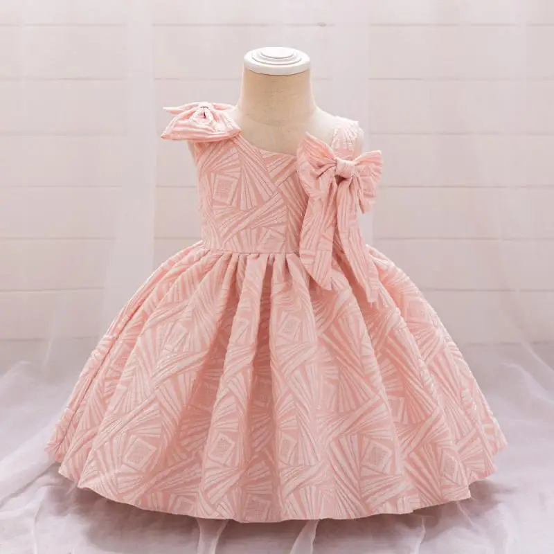 Baby Girl Solid Color Bow Irregular Collar Sweet and Cute Princess Dress Christmas Birthday Party Banquet Dress for 0-3 Years