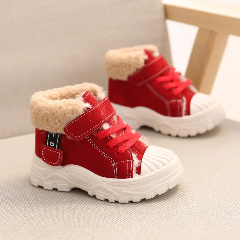 

Children Winter Keep Warm Short Boots Boys Fashion Add Velvet Shoes Girls Cotton Boots Mid Top Velcro Thick Soles Shell Toe