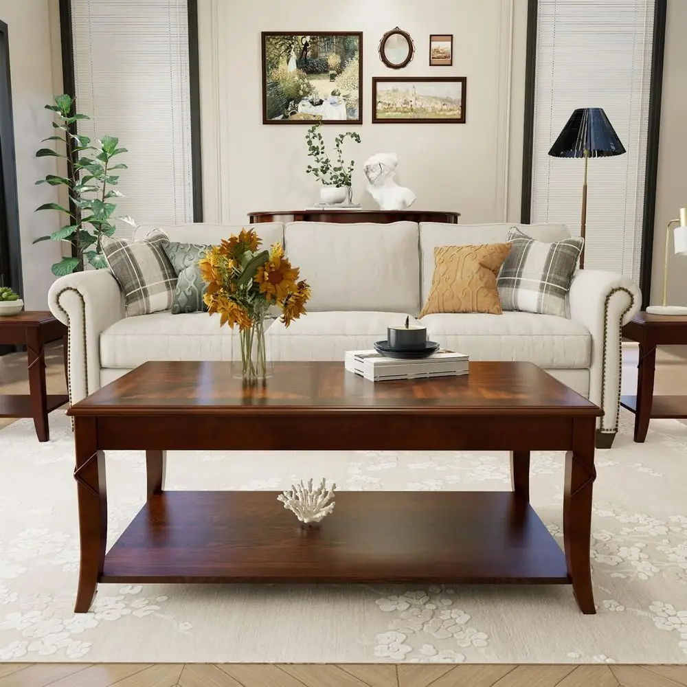 Mid-Century Cherry Queen Anne Coffee Table with Storage, 43.3W x 23.6D x 17.7H, Easy Assembly, KFZ-DR200