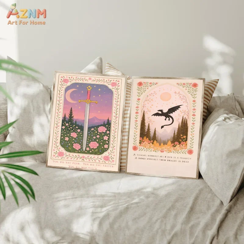 AZNM Fantasy Dragon Sword Floral Canvas Wall Art, Frameless Canvas Print Vintage Tarot Style Magic Forest Quote Art for Bedroom