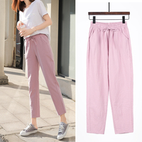 Womens Spring Summer Pants Cotton Linen Solid Elastic waist Candy Colors Harem Trousers Casual Female Pants