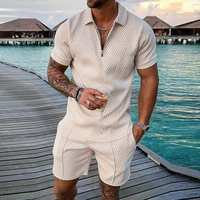 Casual Mesh Lapel short-sleeved Pullover + Shorts Solid Thin Sportswear set, Black suit, men's Sportswear T-shirt Set