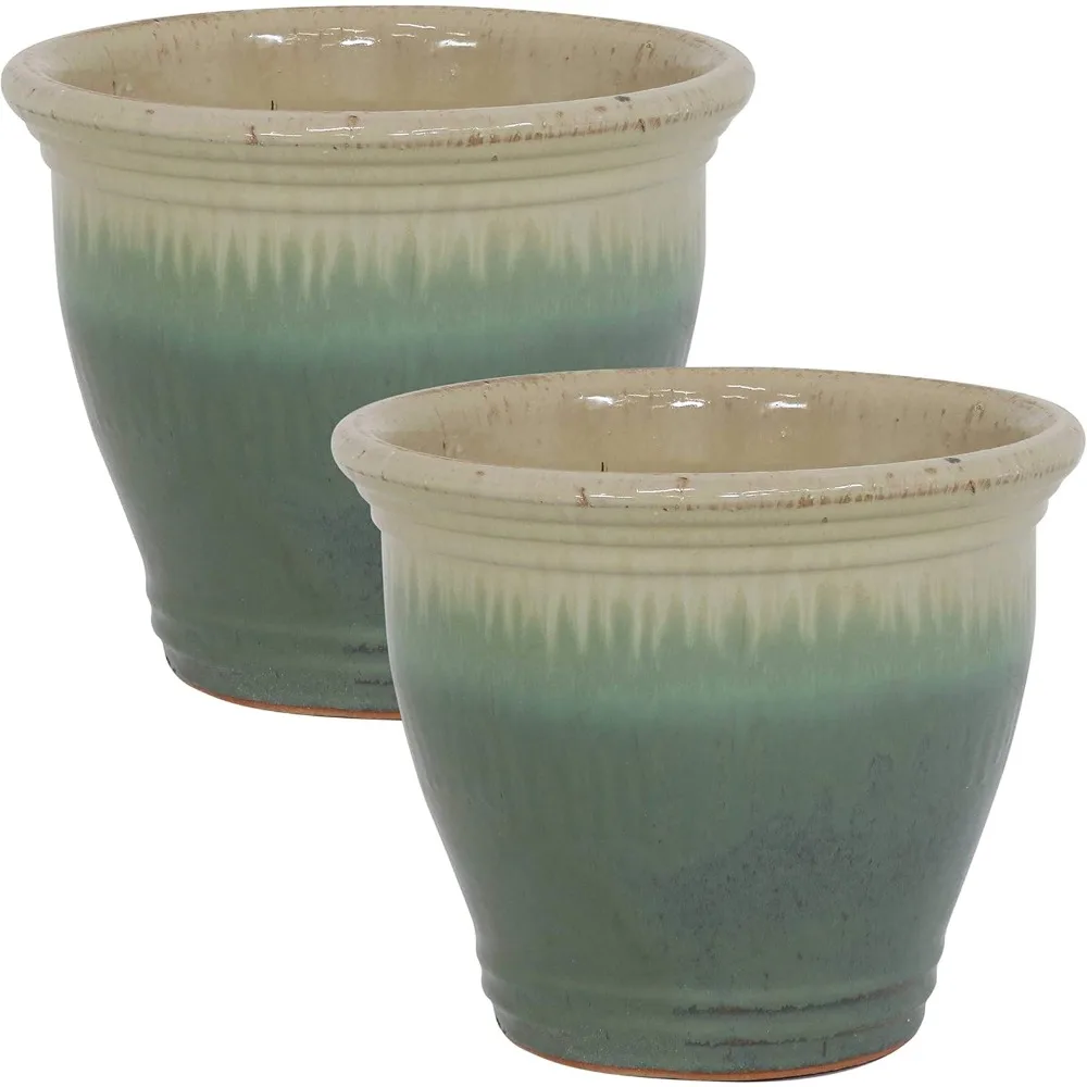 Studio Ceramic Flower Pot Planter with Drainage Holes - Set of 2 - High-Fired Glazed UV and Frost-Resistant Finish