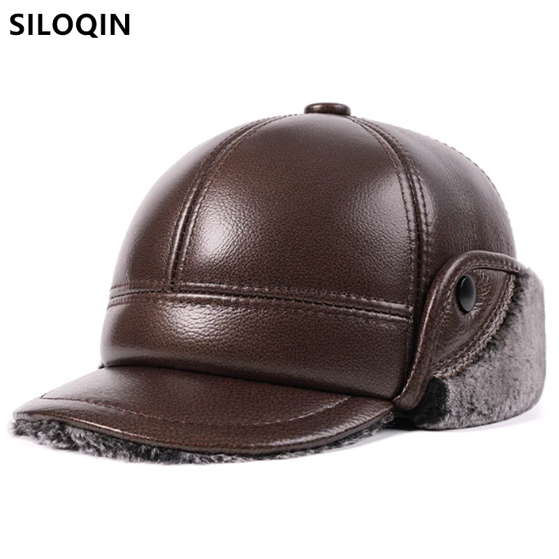 

New Winter Natural Genuine Leather Caps For Men Plush Thickened Fur Bomber Hats Cowhide Leather Cap Coldproof Warm Earmuffs Hat