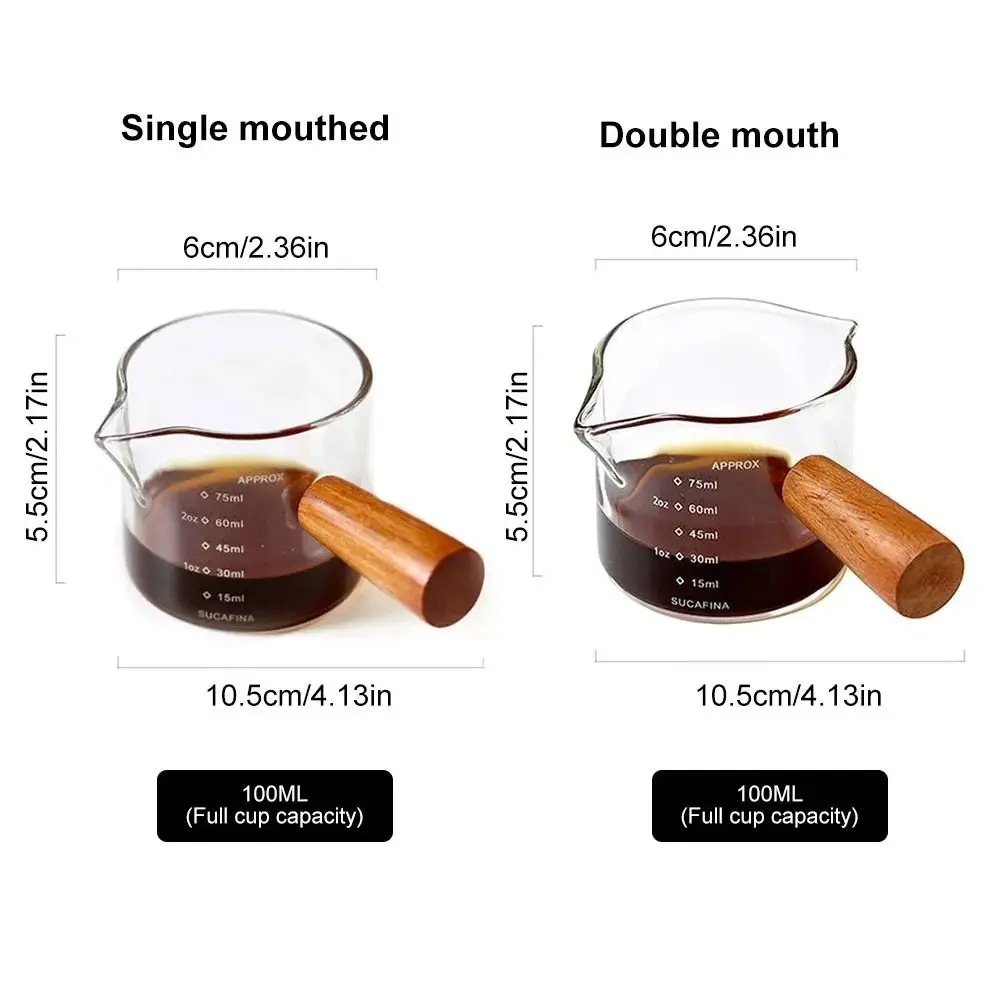Measure Mug Espresso Measuring Cup Durable 75ml Double/Single Mouth Wood Handle Milk Jug Heat-resisting Glass Clear Kitchen Mug