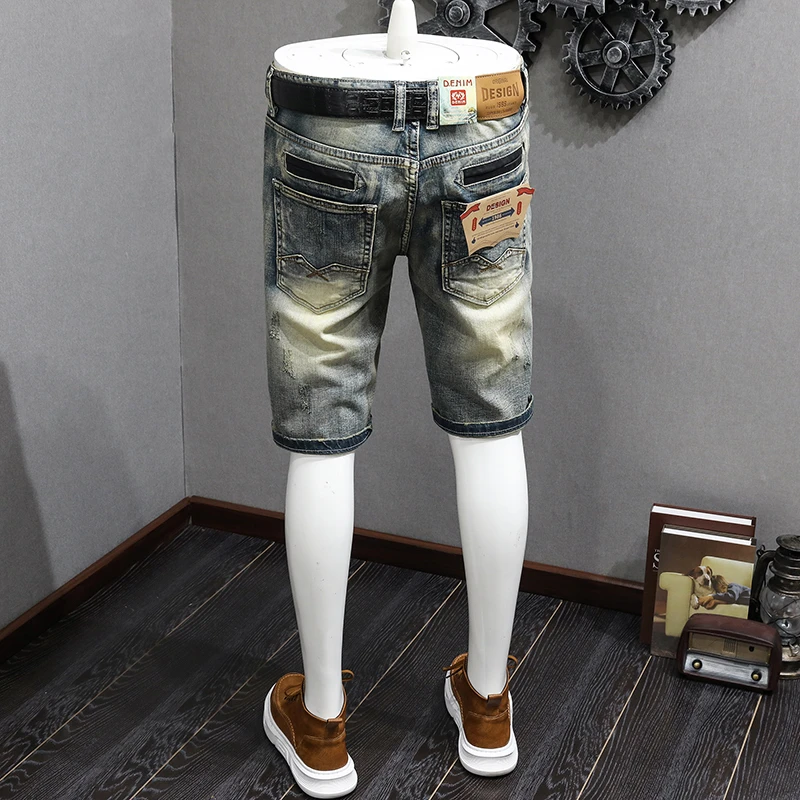 2024Summer Retro tattered jeans denim shorts men's fashion nostalgic Korean style slim fit all-matching pirate shorts