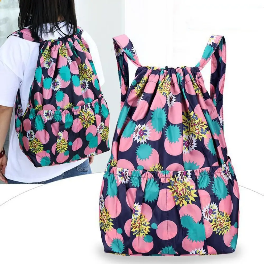 Borsa casual con coulisse stampata floreale Borsa per la spesa portatile in poliestere impermeabile Zaini sportivi di grande capacità da donna