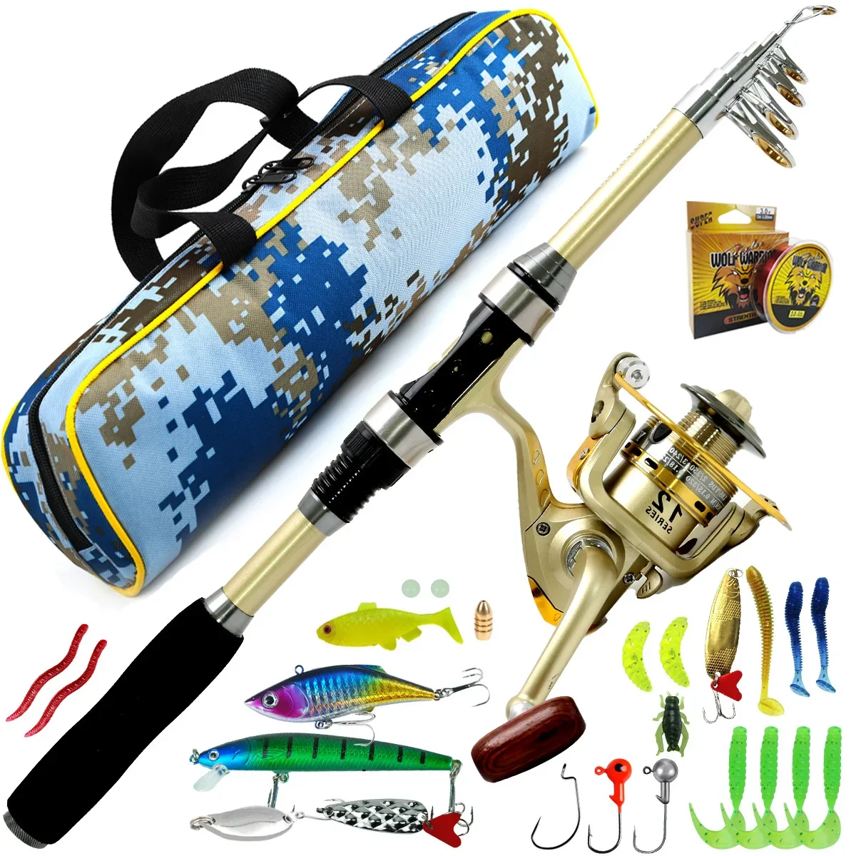 Golden Luya Rod Wheel Fishing Tackle Set Long Throw Sea Fishing Ward Fish Rods Mino Full Set Soft Bait Fishing Hook Line Reel