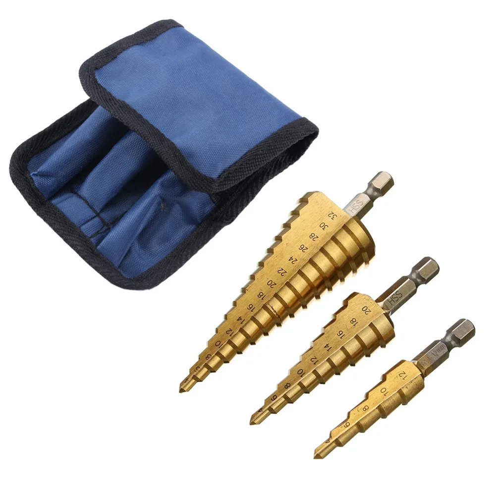 3pcs Step Drill Titanium Plated Hexagonal Shank Straight Groove 4-12/4-20/4-32mm Pagoda Drill Drilling Tool Accessory Set