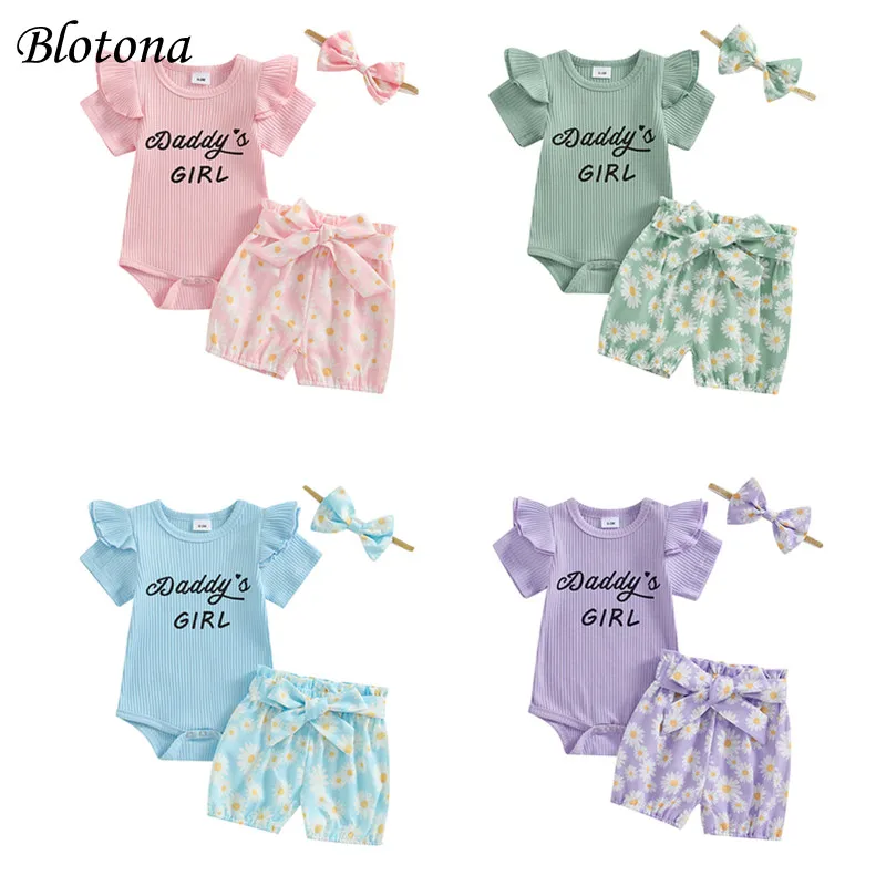 

Blotona Baby Girls Summer Outfits Letter Print Short Sleeve Romper with Daisy Belted Shorts and Headband 3Pcs Set 0-24M