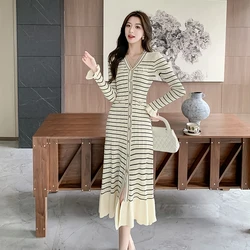 Elegant Women V Neck Single Breasted Sweater Knitting Long Dress French Autumn Winter Striped Hollow Out Slim Mermaid Vestidos