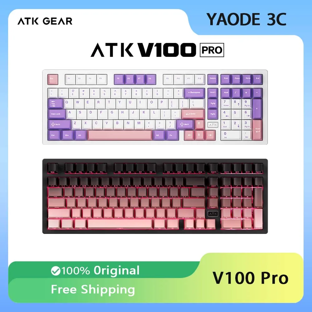 ATK V100 Pro Mechanical Keyboard Semi-aluminum Tri Mode ARGB Gasket Custom Hot Swap E-sports Game Office Keyboard Accessories