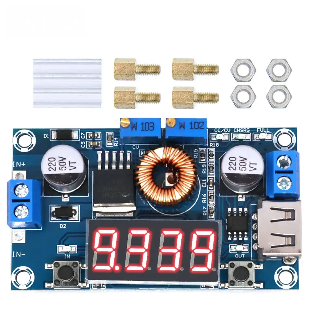 XL4015 5A DC-DC Lithium Battery Charger Module with Digital LED Display, CC/CV Control, USB Step-Down Built-inVoltmeter/Ammeter