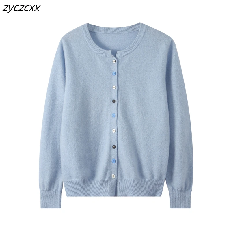 

Женский кардиган с круглым вырезом, 100% мериносовая шерсть, вязаный кардиган с длинными рукавами, мода 2025 года, вязаный топ на пуговицах Ccolor, женская одежда